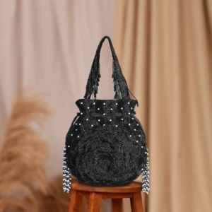 Black Embroidered Coco Flower Potli