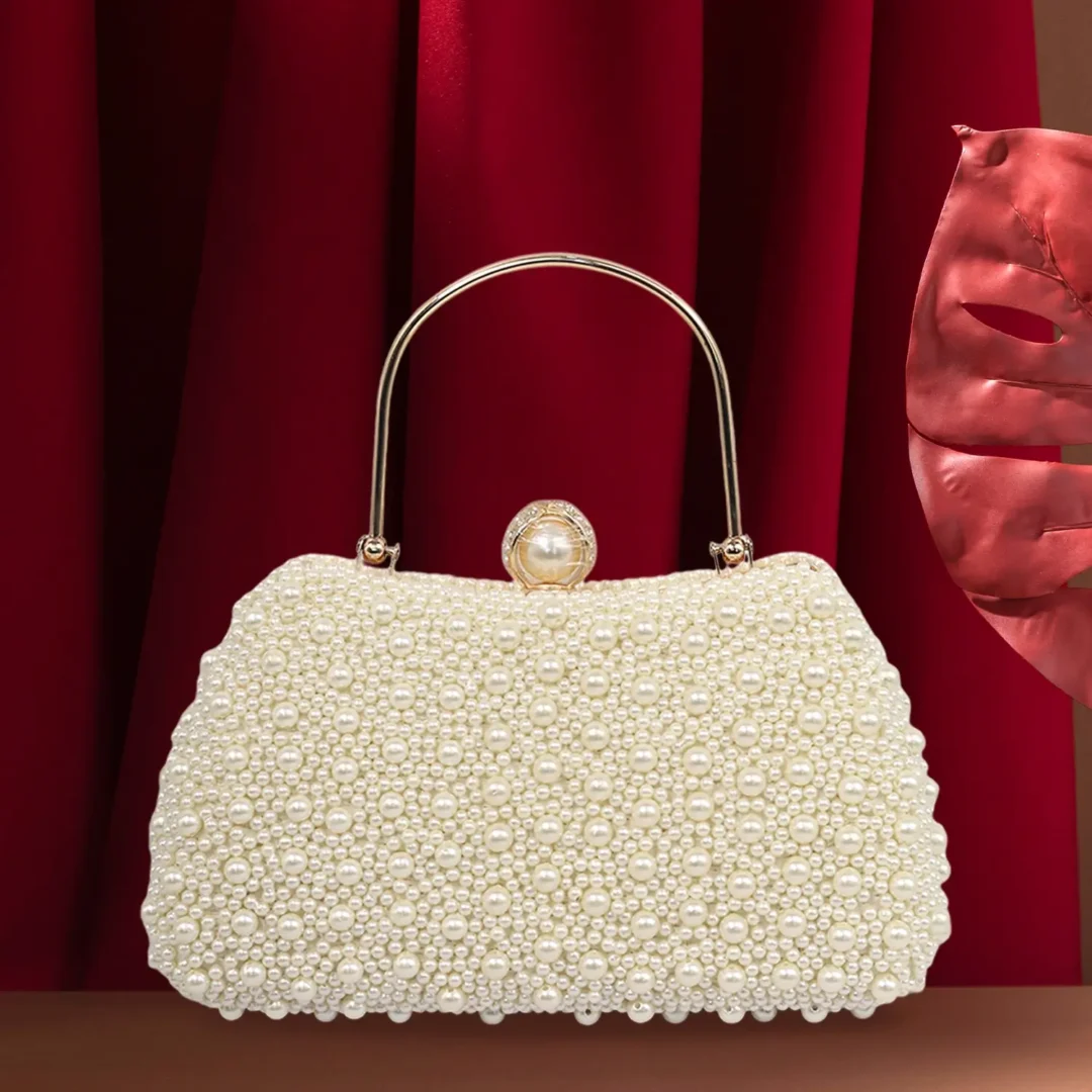 White pearl beaded party clutch
